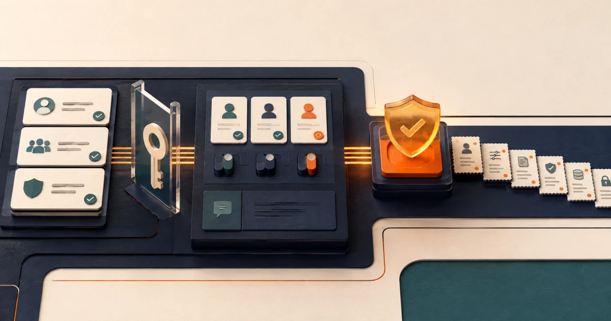 An operations console where privileged admin actions pass through a permission gate and confirmation control into an audit trail