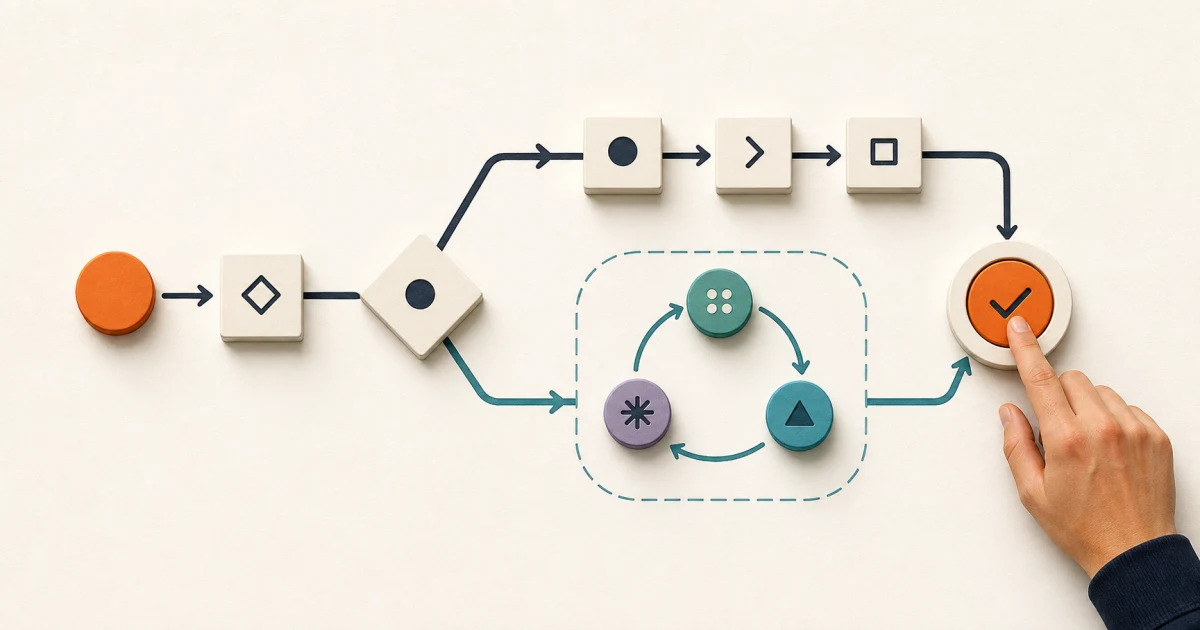 Business task splitting between a fixed automation path and a bounded adaptive loop before human approval