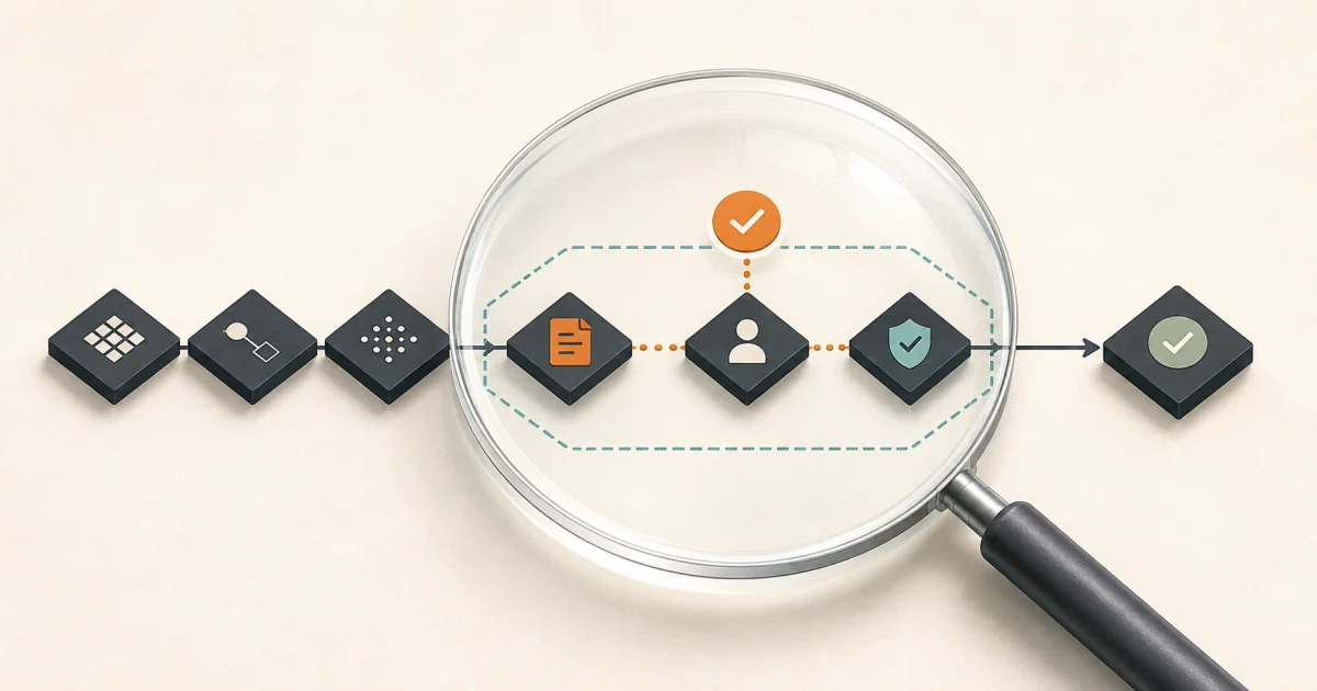 A workflow passing under an inspection lens that reveals evidence, a human checkpoint, and a bounded safety control before approval