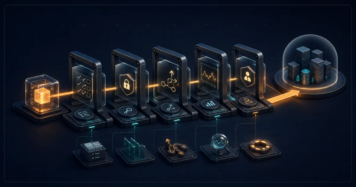 An AI capability passing through evaluation, permission, fallback, monitoring, and human-ownership controls before production