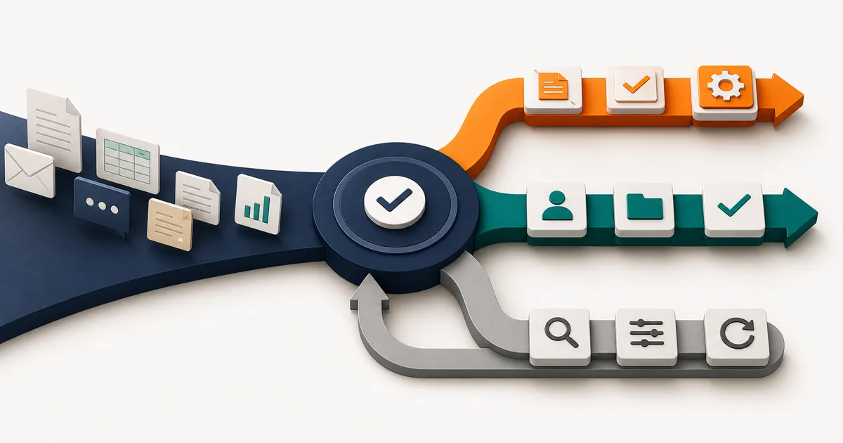 Business work items entering an audit hub and separating into automation, human review, and process repair paths