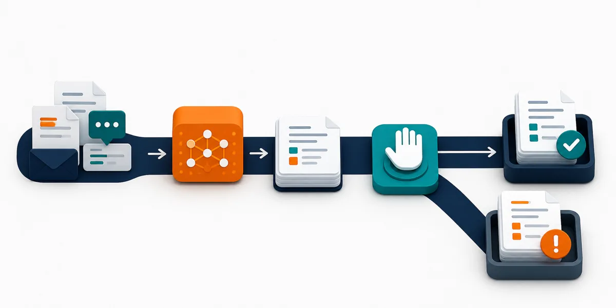 AI-assisted workflow pausing for human approval before completed work continues and exceptions are separated