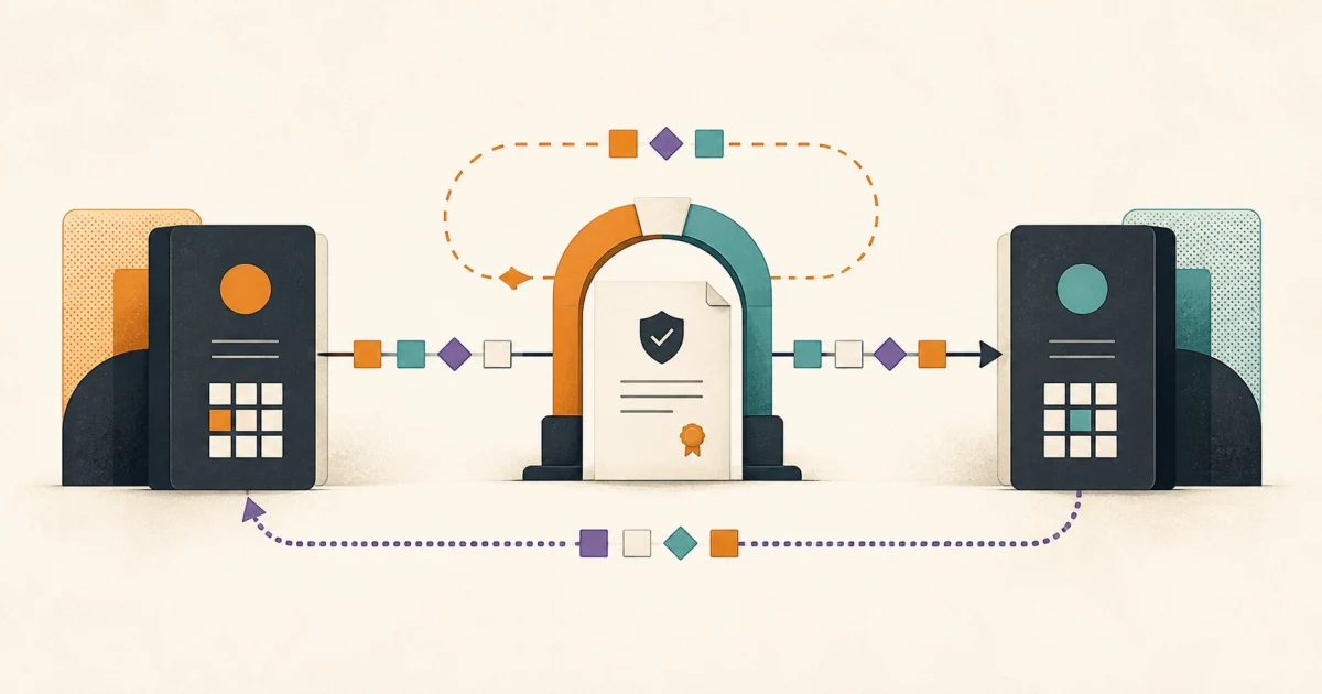 Two business systems exchanging data through a secured integration gateway with retry and reconciliation paths