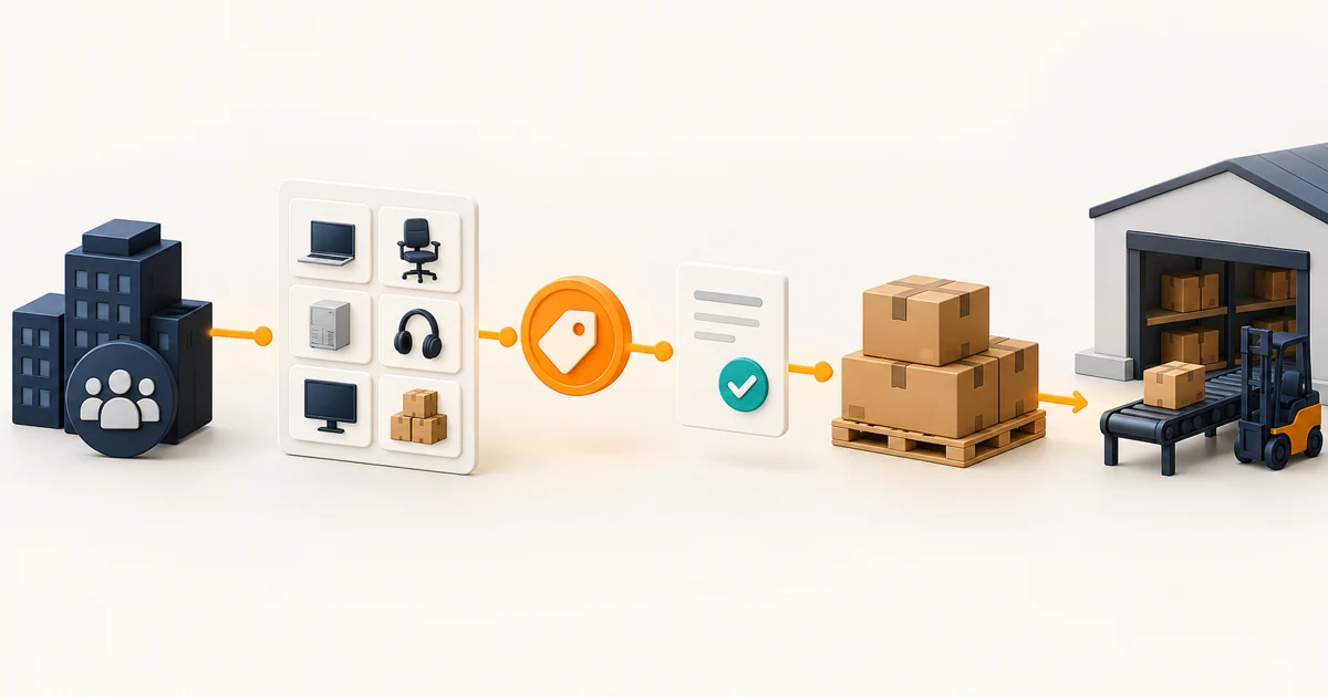 A company account moving through an account-specific catalog, negotiated pricing, approval, ordering, and warehouse fulfilment