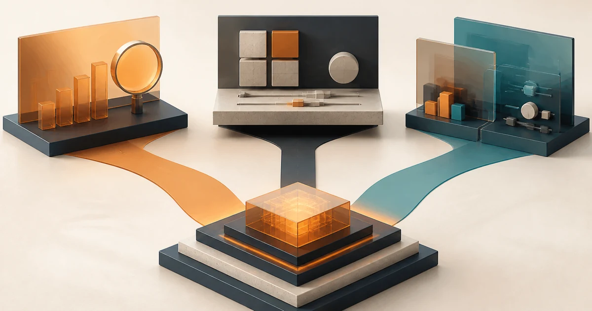 One data foundation feeding an analytical lens, a tailored dashboard, and an embedded hybrid interface