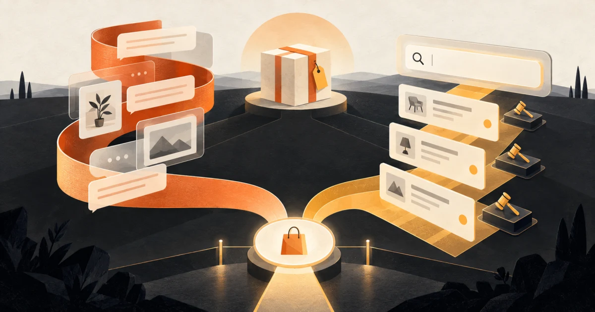 Two paid acquisition paths measured against one business outcome One business offer reaching a measurable outcome through conversational advertising and structured search advertising paths