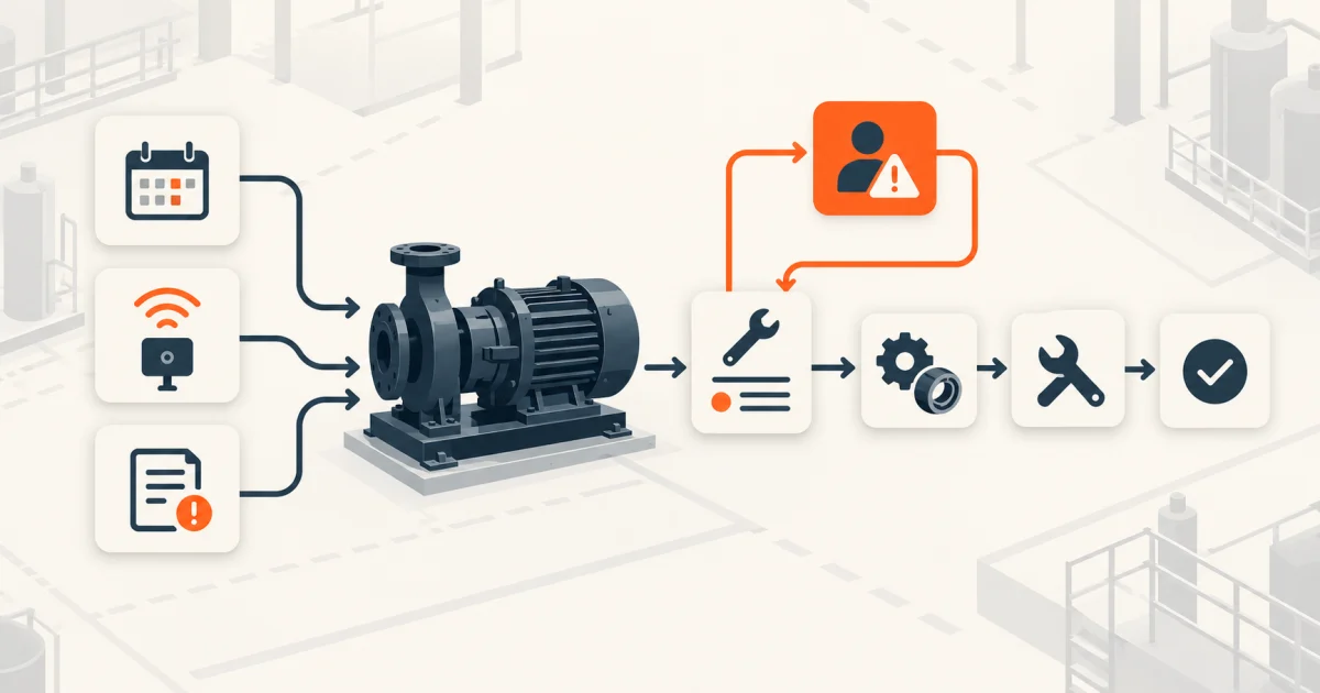 Maintenance signals converging on an asset, controlled work order, exception review, parts, repair, and verified completion