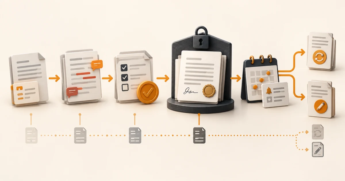Contract moving through intake, review, approval, controlled signature, obligation tracking, renewal, and amendment branches