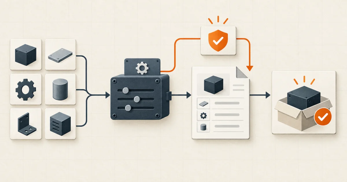Configurable product choices passing through pricing controls, approval, a governed quote, and a confirmed order