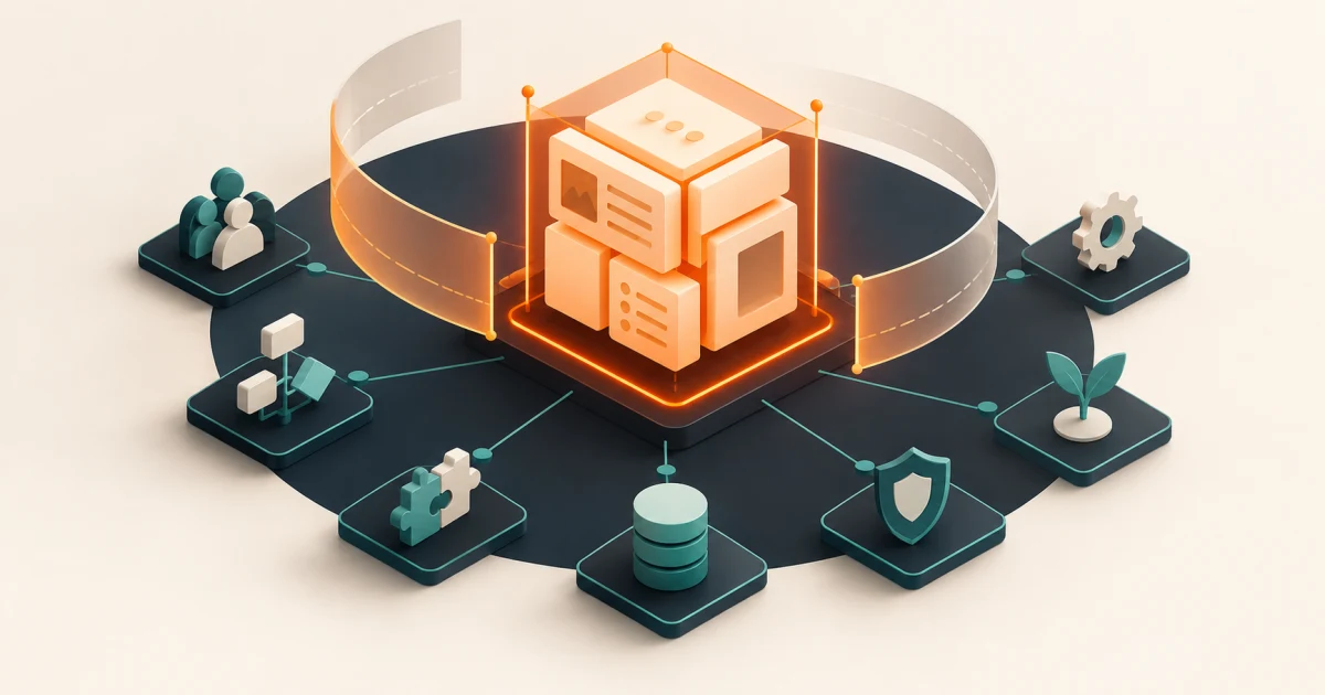 Software scope and estimate confidence A modular software scope surrounded by a confidence band and connected to users, workflows, integrations, data, security, and ownership