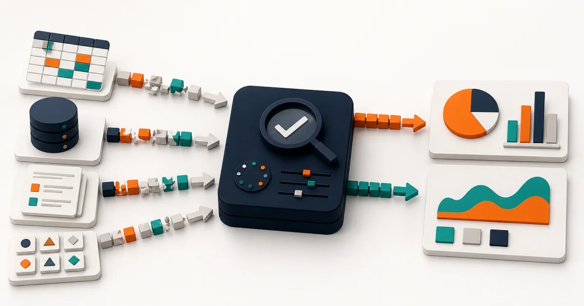 Business data sources passing through a readiness audit before becoming decision-ready dashboard indicators