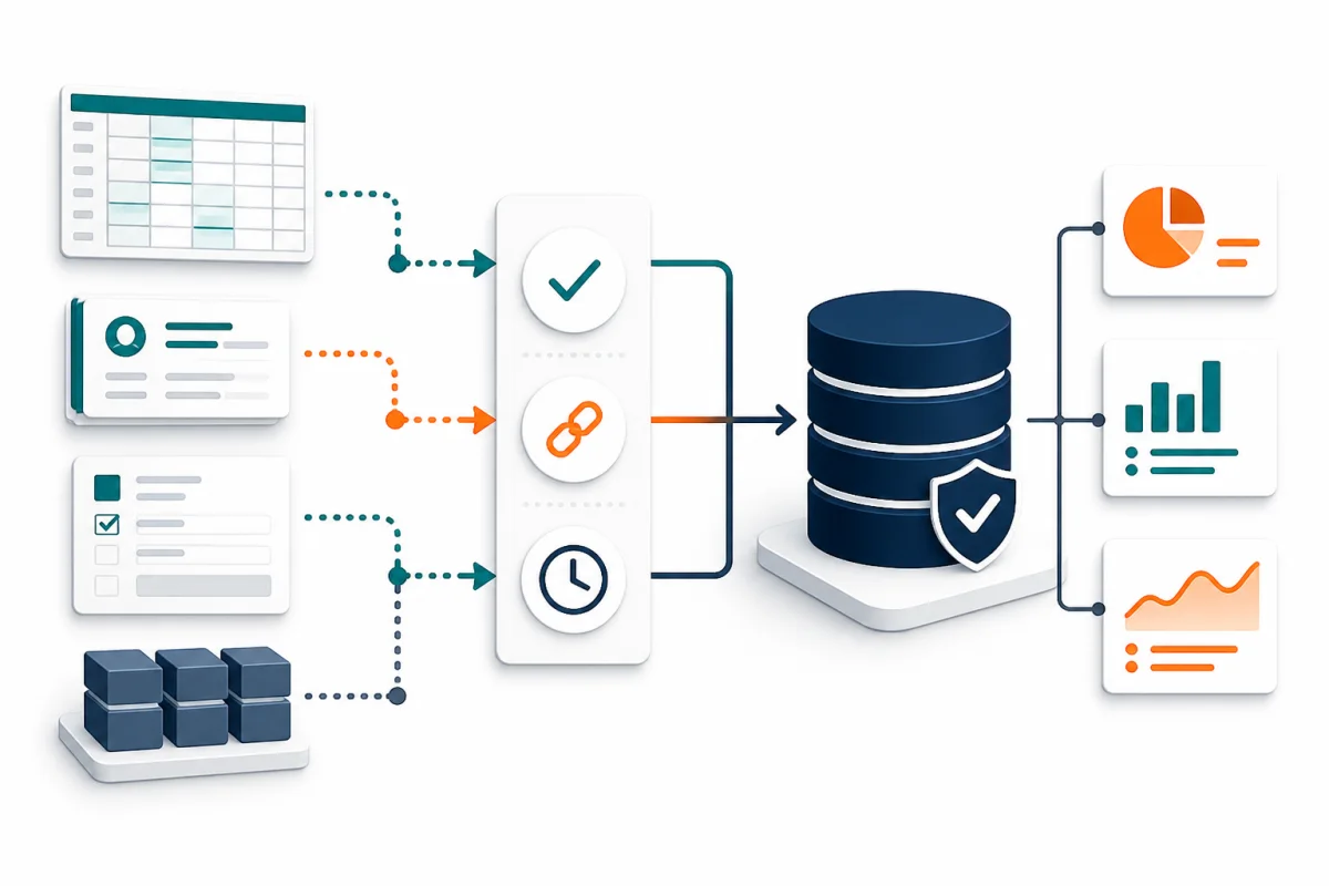 Spreadsheets, records, forms, and databases being validated into one trusted reporting foundation