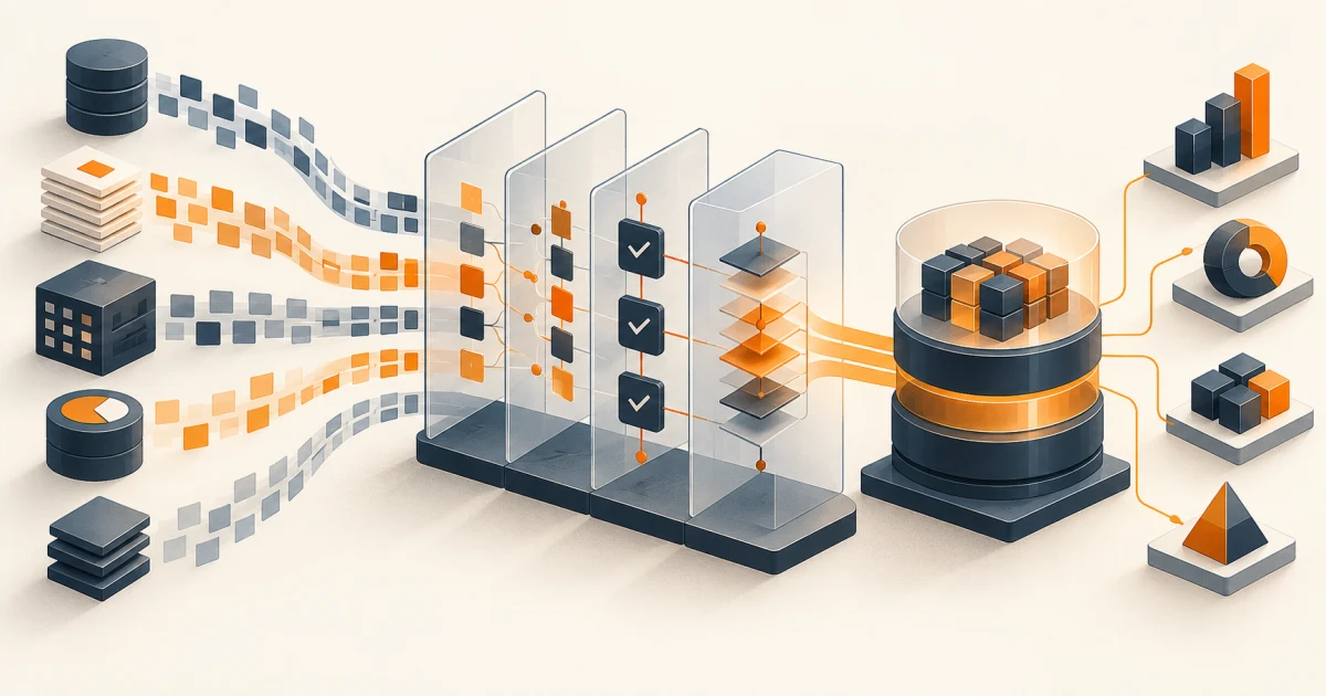 Several operational data streams pass through transparent quality and lineage layers into a governed warehouse serving consistent analytical outputs