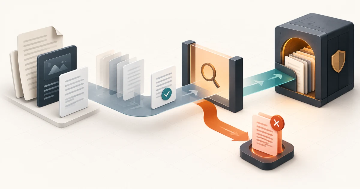 Documents moving through review into a secure archive while a conflicting version follows a human exception path