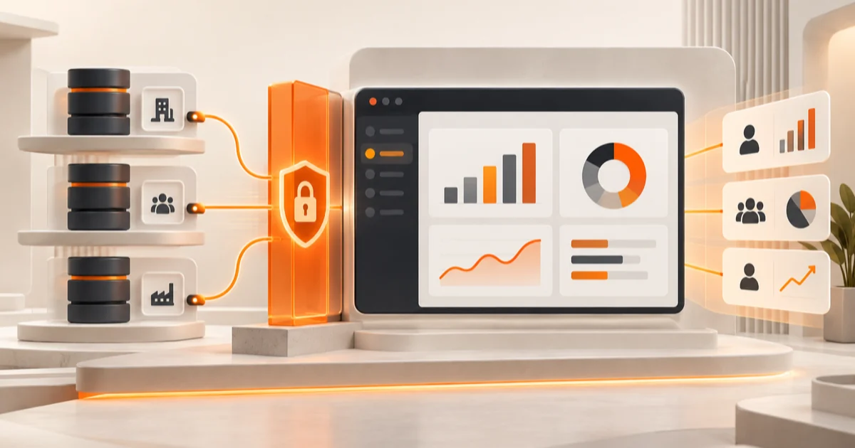 Tenant-scoped data passing through a secure boundary into analytics embedded inside a SaaS product