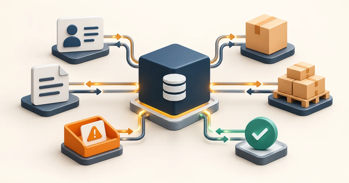A central ERP system exchanging controlled records with customer, order, product, warehouse, exception, and reconciliation endpoints