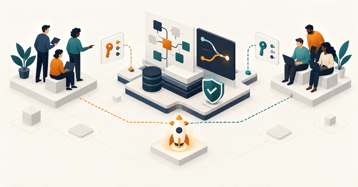Controlled external development team onboarding Two software teams connecting through a shared product workspace, scoped access, a code branch, and a release checkpoint