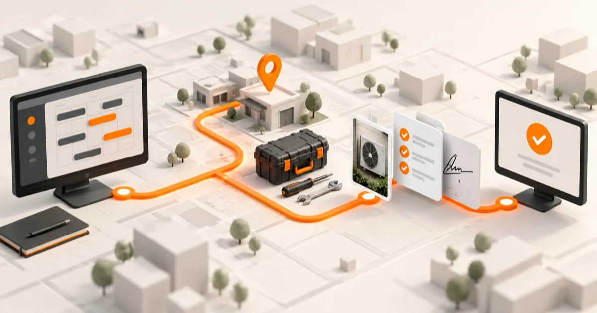 A field service job connected from dispatch through an on-site visit to completion evidence