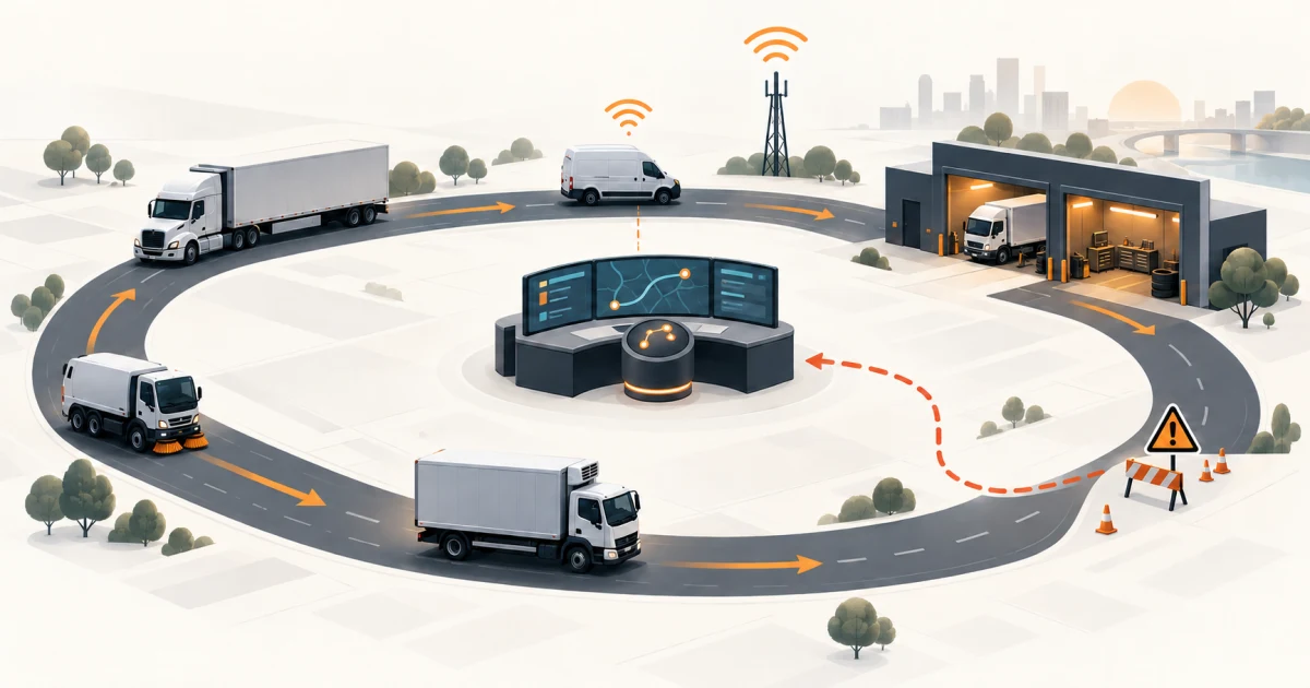 Commercial vehicles moving through a dispatch and maintenance loop while a route exception returns to a control point