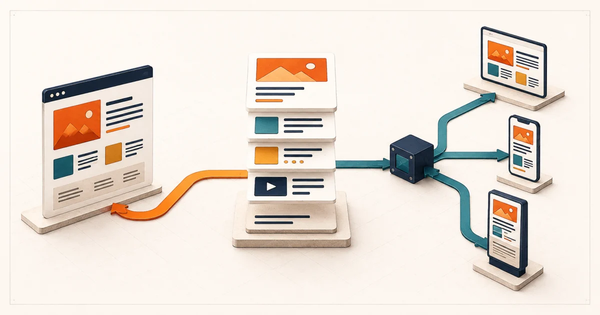 Reusable content blocks taking either a coupled website path or a headless API path to several digital channels