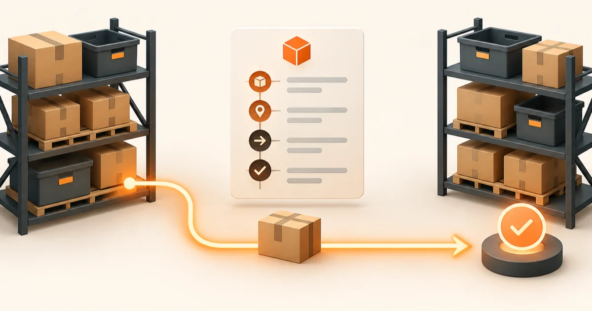 Inventory movements connected to one trusted ledger Packages moving between two storage locations through a central inventory ledger and reconciliation check