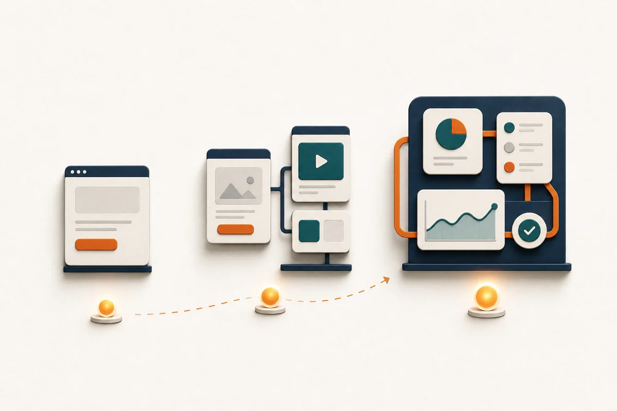 Three stages of product evidence progressing from a landing page to a prototype and working MVP
