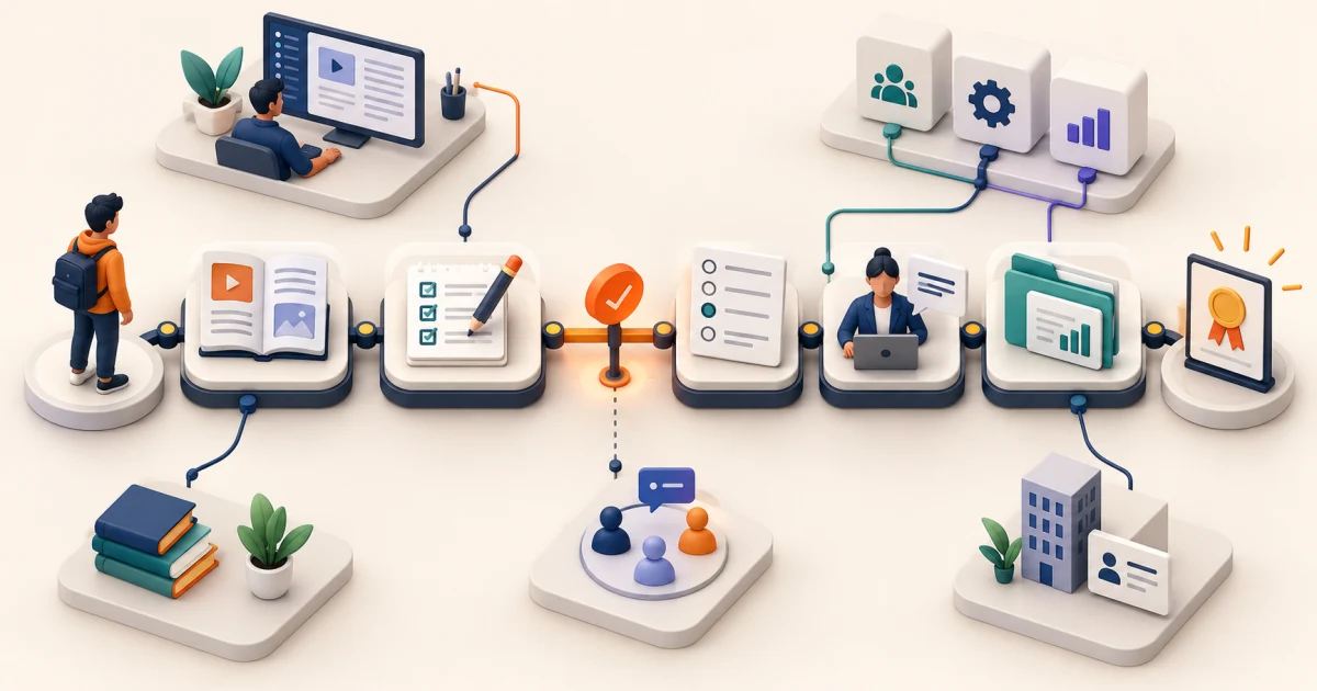 Learner moving through accessible course content, practice, assessment, human review, learning records, and completion evidence connected to instructor and business systems