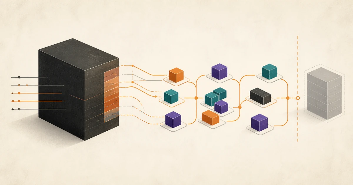 A large legacy application gradually handing capabilities to smaller modern modules through controlled routing paths
