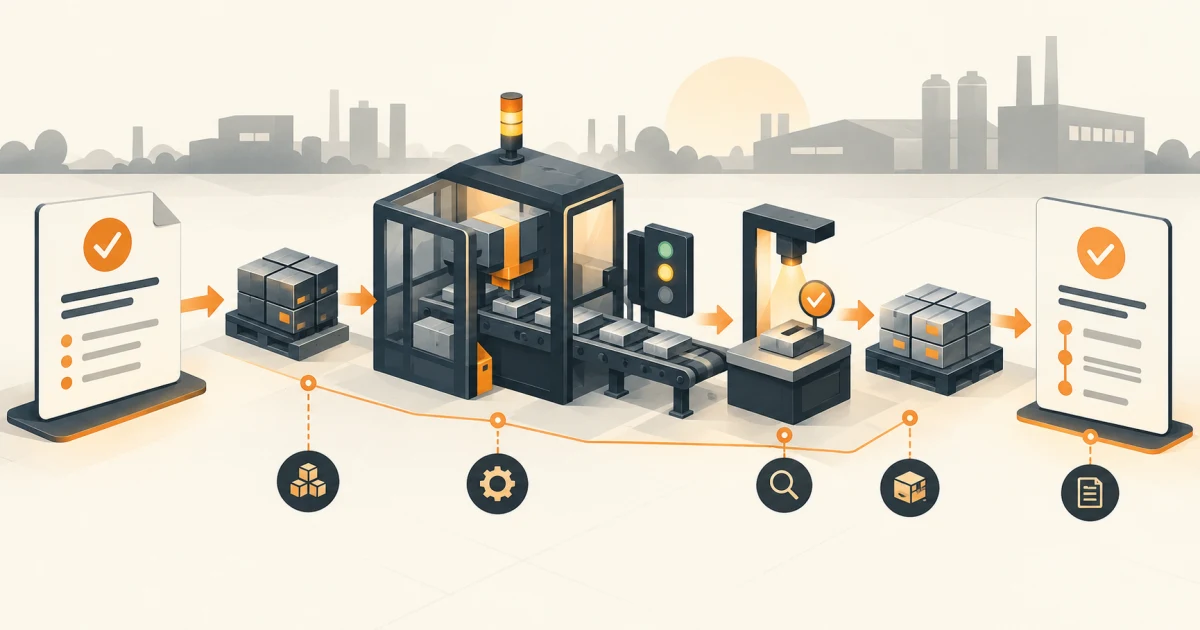Released production order, identified materials, enclosed work cell, inspection checkpoint, finished lot, and completion record connected by an execution trail