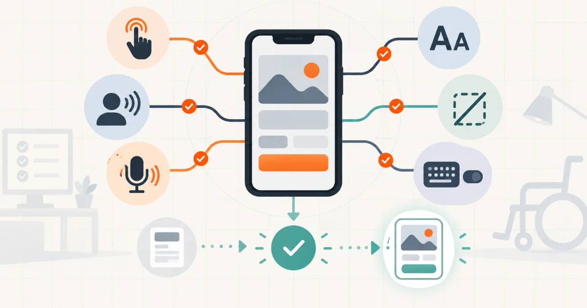 A mobile product journey checked through touch, screen reader, voice, text scaling, reduced motion, and switch access