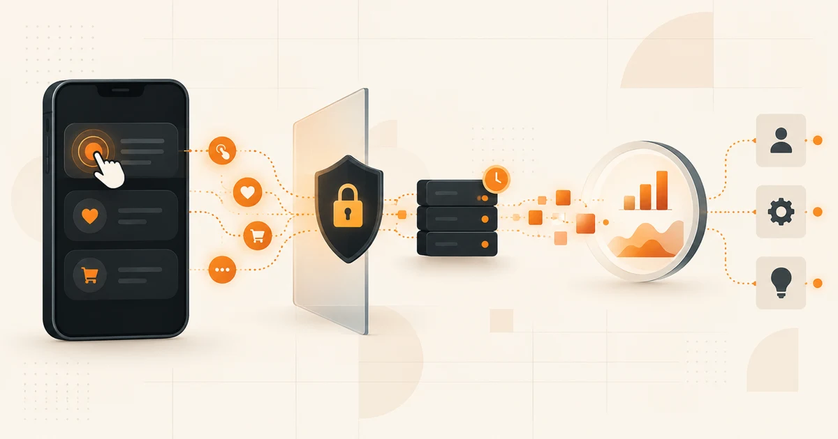 Mobile interactions passing through a privacy gate and event pipeline into product decisions