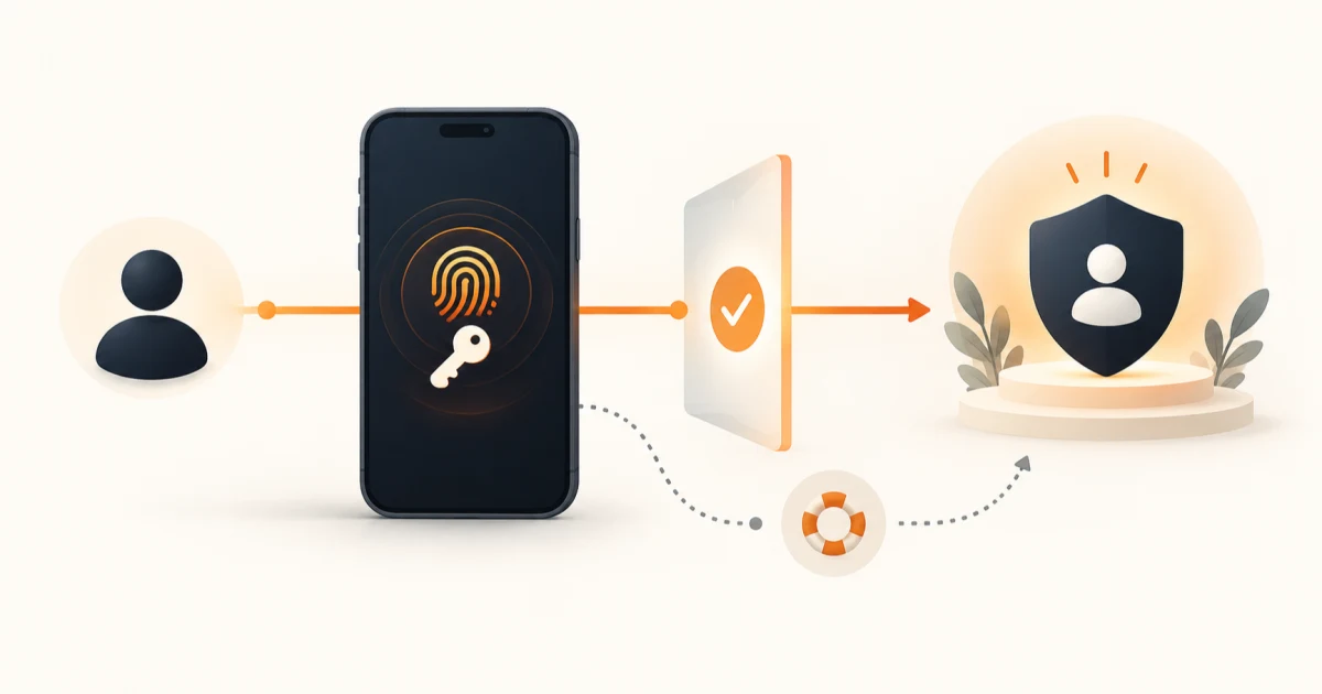 A user identity passing through mobile passkey verification into a protected session with a recovery path