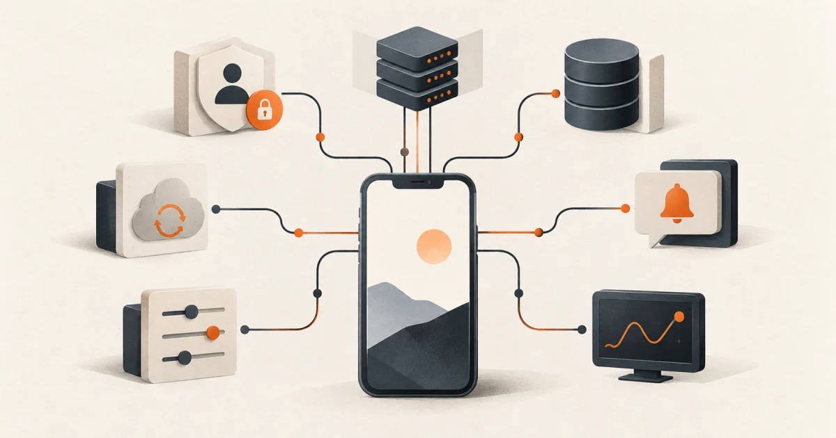 A mobile app connected to identity, APIs, authoritative data, synchronization, notifications, operator controls, and monitoring