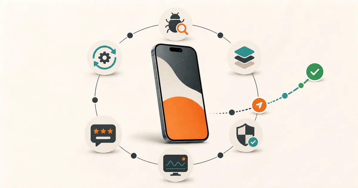 A mobile phone surrounded by an orderly maintenance loop for bugs, updates, dependencies, security, monitoring, and release approval