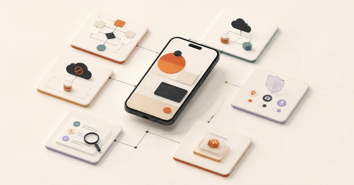 A mobile app concept connected to decisions for user flows, backend services, permissions, offline use, testing, and release