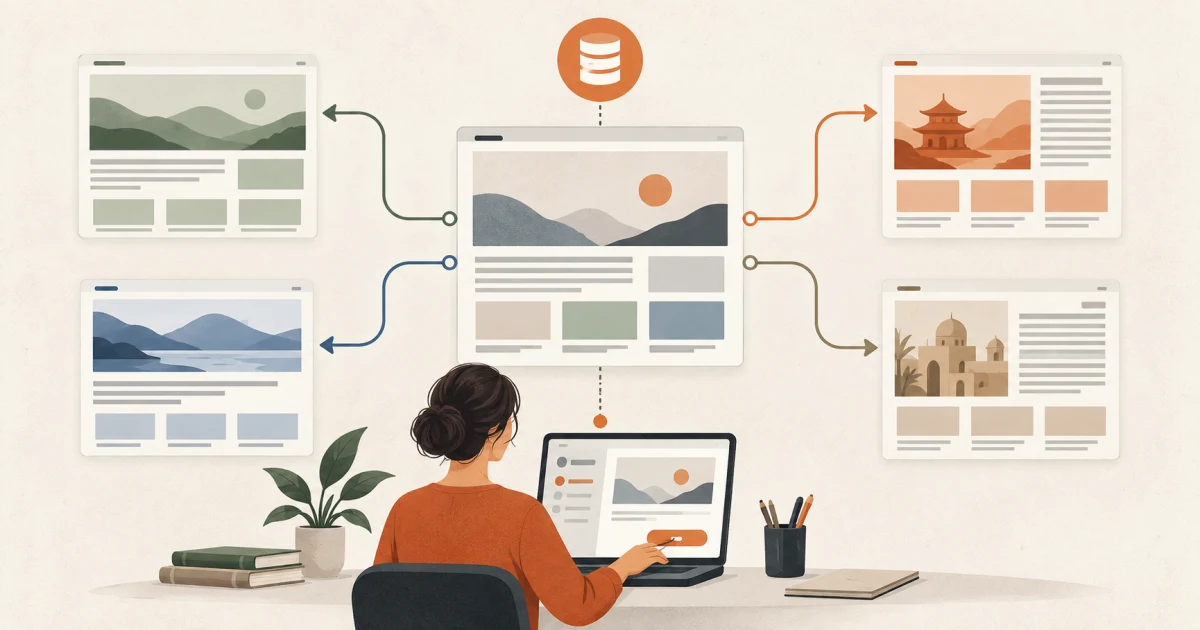 A governed website content system branching into four distinct localized page experiences under human publishing control