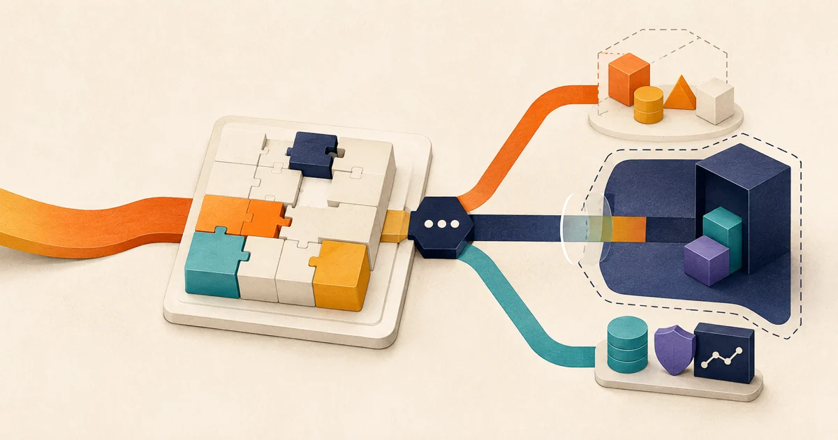A business workflow branching from modular no-code blocks into a connected custom system boundary with owned data, permissions, and monitoring