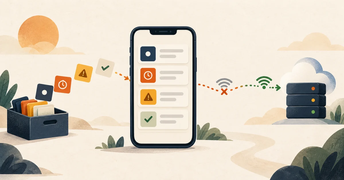 Offline-first mobile work with visible synchronization states A mobile app holding local records while connectivity changes, then synchronizing pending and reviewed work with a server