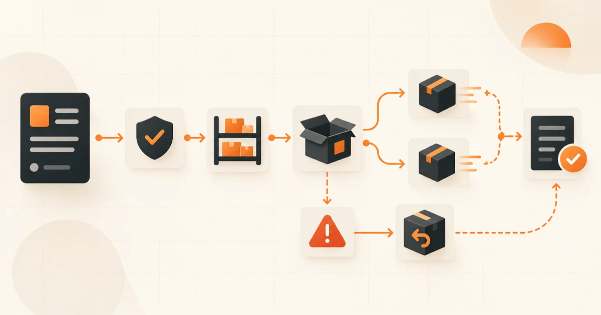 An order moving through validation, allocation, split fulfilment, exception handling, and reconciliation