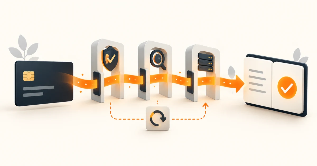 A payment card moving through verification and recovery gates into a reconciled ledger