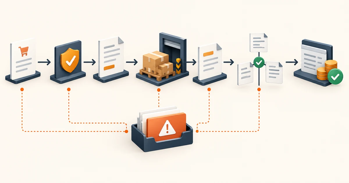 Purchase request moving through approval, order, receipt, invoice matching, exception review, and payment-ready records
