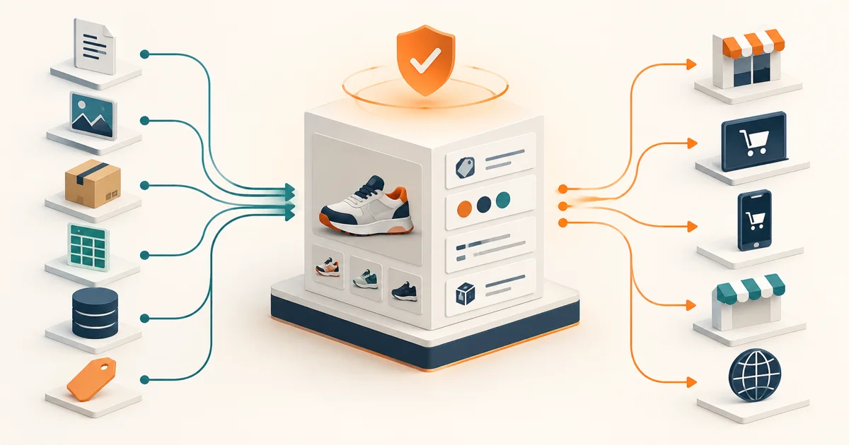 Product data from documents, media, suppliers, and systems converging into one governed record before flowing to commerce channels