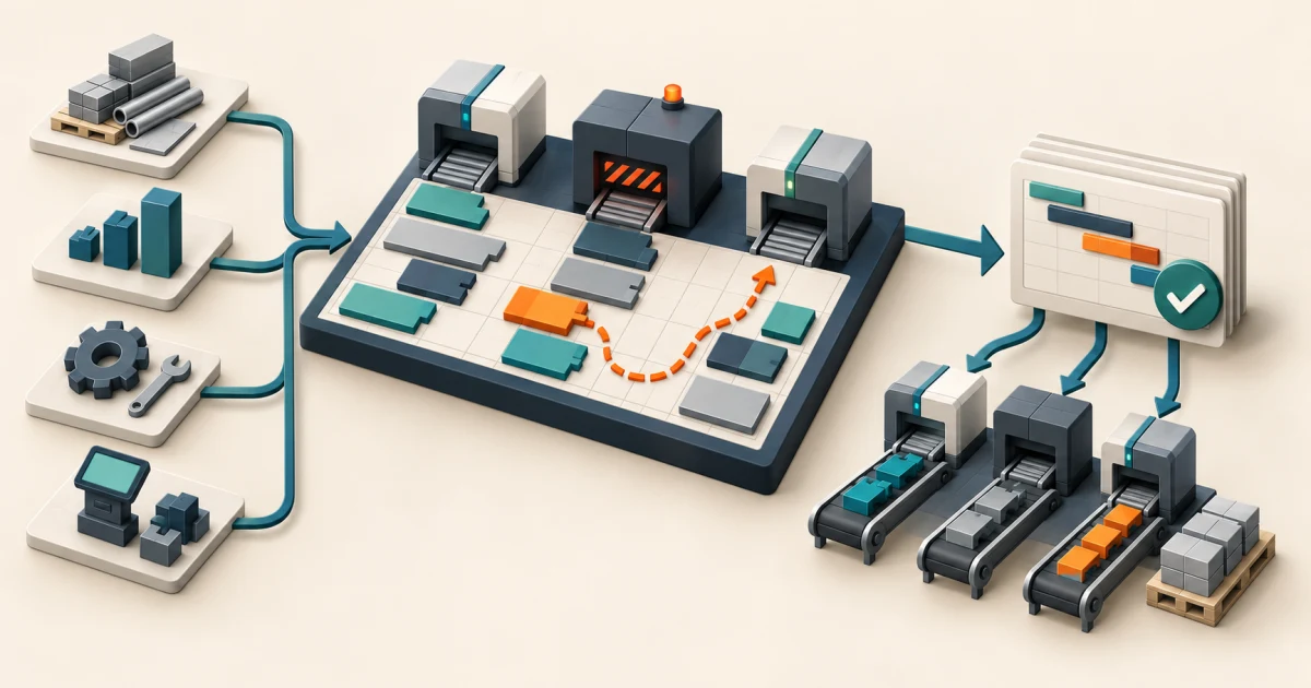 Production orders, materials, tools, and shop-floor signals feeding a constrained planning board that reroutes one job before publishing an approved schedule