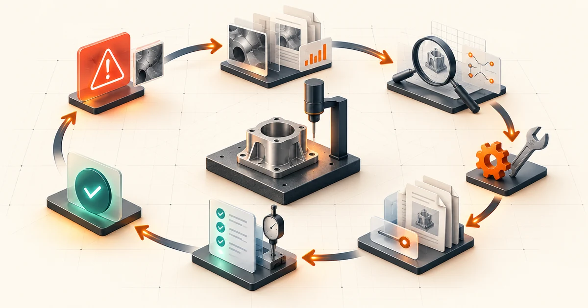 Manufactured component surrounded by a closed loop of issue evidence, investigation, controlled change, verification, and approval