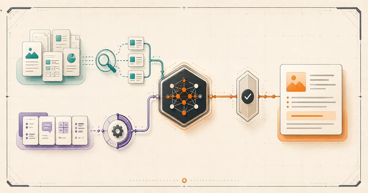 A retrieval path from searchable documents and a fine-tuning path from curated examples converging on an evaluated AI output