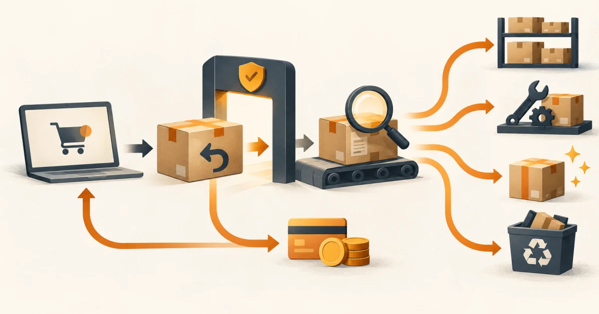 Returned parcel moving through authorization and inspection before branching to restock, repair, replacement, or recycling