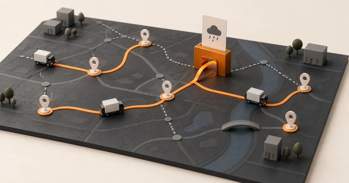 Delivery routes moving through a visible constraint gate on an operational planning board