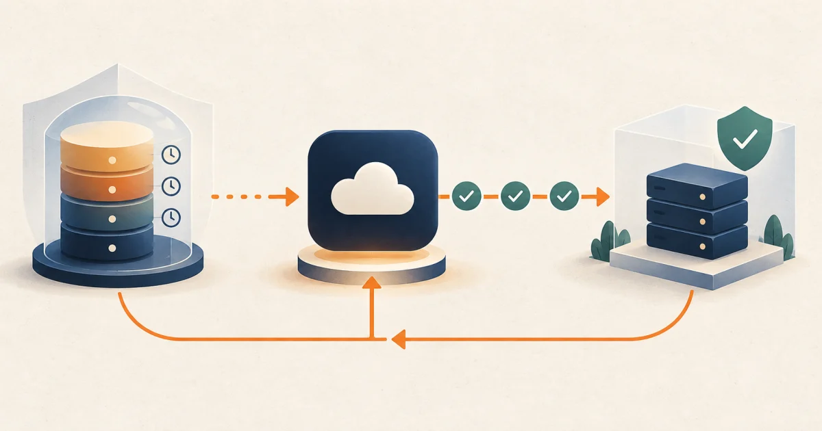 A tested SaaS backup and recovery path Protected SaaS data moving through verification checkpoints into an isolated restored service environment