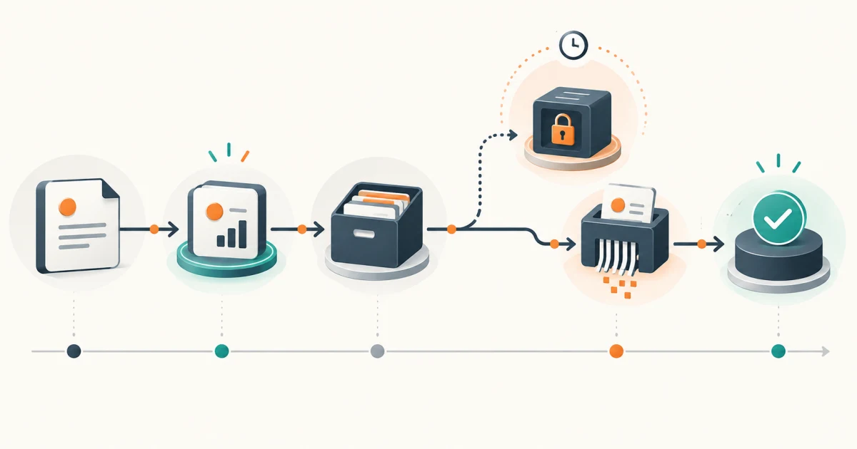 A SaaS record moving through active use, archive, legal hold, deletion, and verified completion