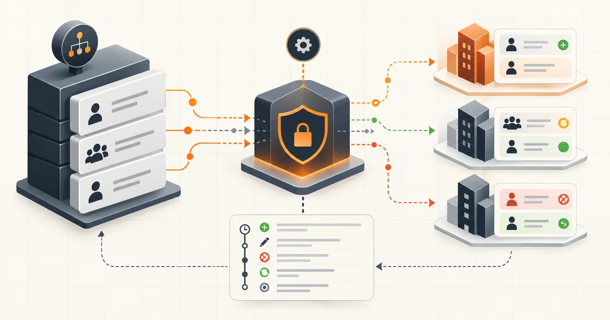 Enterprise directory identities passing through a secure provisioning gateway into separate SaaS tenants with lifecycle states and an audit trail